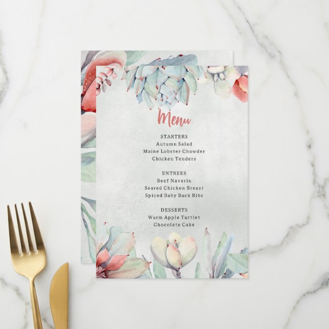 Menu Aquarelle rustique Cactus Succulent Sage Floral (Devant/Arrière en situation)