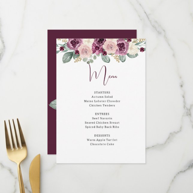 Menu Aquarelle rustique Plum Sage Or Floral (Devant/Arrière en situation)