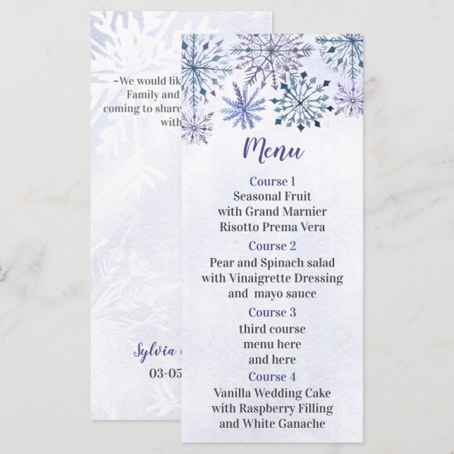 Menu Aquarelle rustique Snowflakes Blue Winter Wedding (Devant / Derrière)