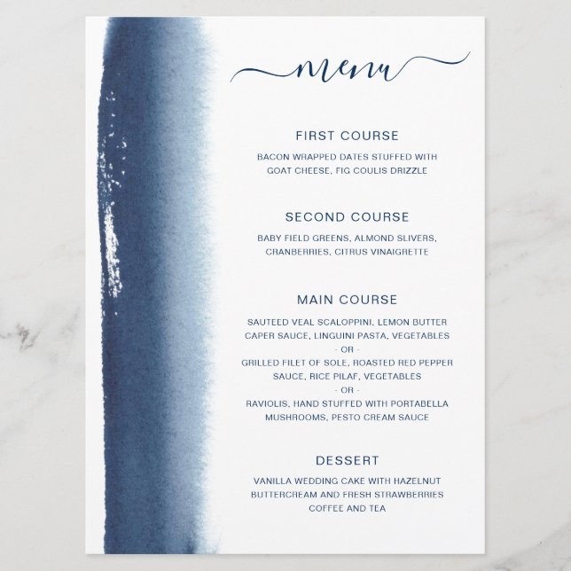 Menu Aquarelle simple brosse Mariage bleu marine (Devant)