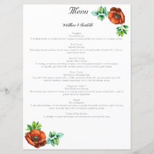 Menu Aquarelle Sublime Rouge Poppies en style Vintage