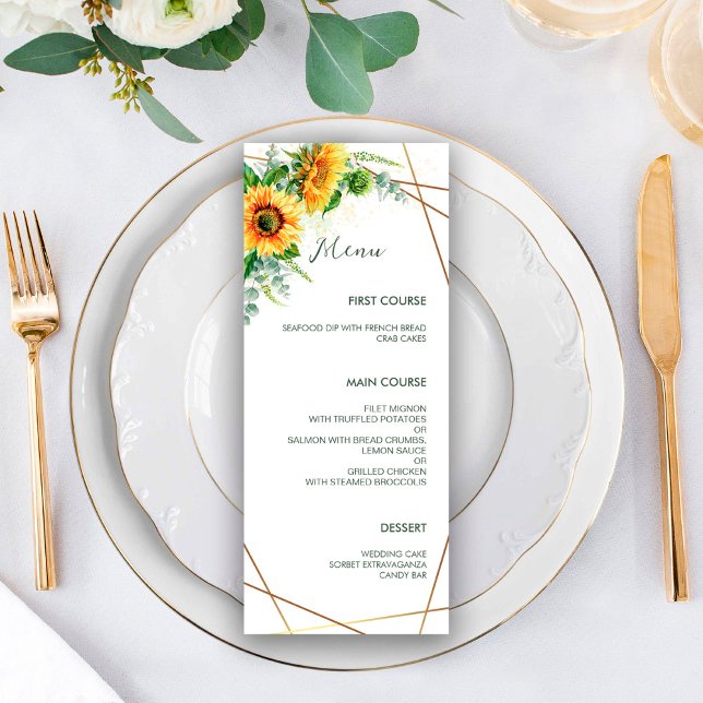 Menu Aquarelle Sunflowers Faux Gold Foil Mariage de cad (Créateur téléchargé)