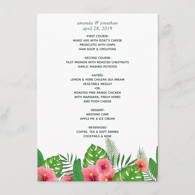 Menu Aquarelle Tropical Feuilles Beach Mariage (Devant)