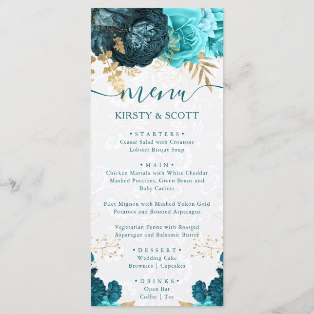 Menu Aquarelle Turquoise et Mariage de fleurs d'or (Devant)