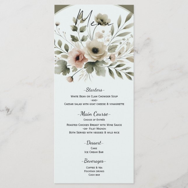 Menu Aquarelle vert d'olive kaki Mariage de fleurs (Devant)