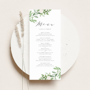 Menu Aquarelle vert et fleurs blanches Mariage
