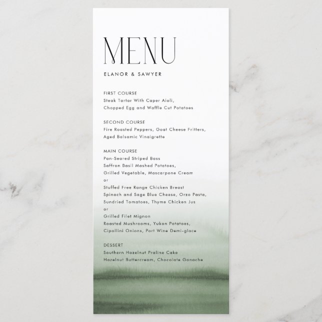 Menu Aquarelle Vert Ombre Mariage moderne (Devant)