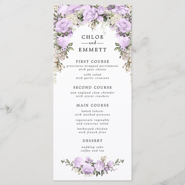 Menu Aquarelle violet Mariage floral (Devant)