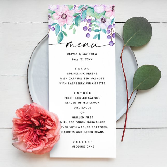 Menu Aquarelle violet rose jardin fleuri mariage (Créateur téléchargé)
