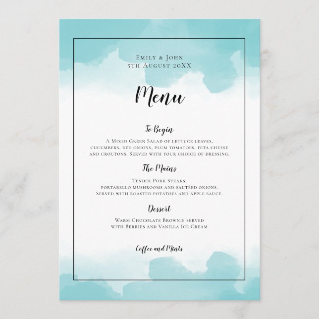 Menu Aquarelles bleu Purist Mariage de script noir (Devant)