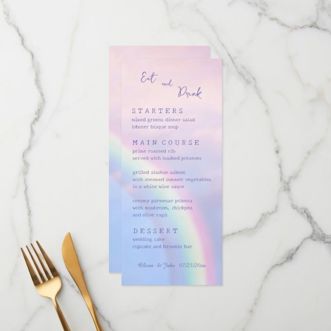 Menu Arc en ciel d'espoir - pastel, mariage (Devant/Arrière en situation)