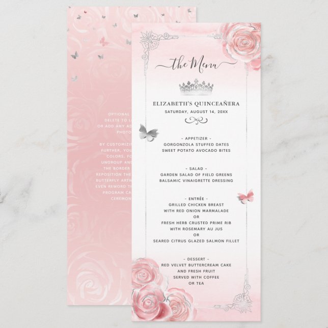 Menu Argent et Roses rose pâle et pâle Élégant Floral (Devant / Derrière)