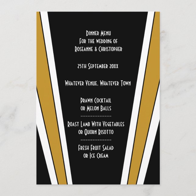 Menu Art Déco Design Mariage Noir Et Or (Devant)