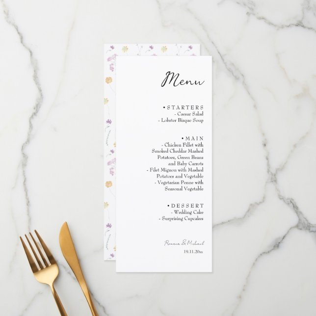 Menu Artisan Fairy Jardin Floral Aquarelle (Devant/Arrière en situation)