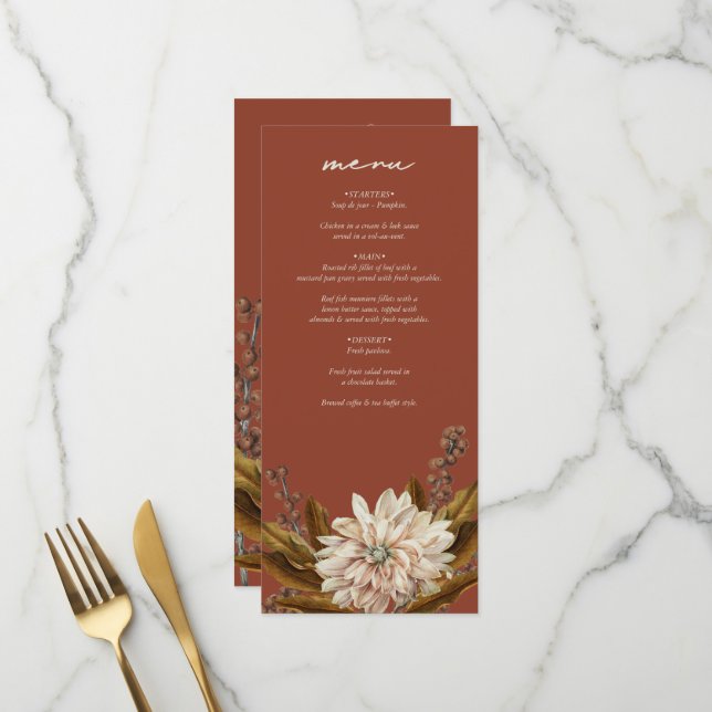 Menu Automne Floral Terracotta Mariage de automne d'aqu (Devant/Arrière en situation)
