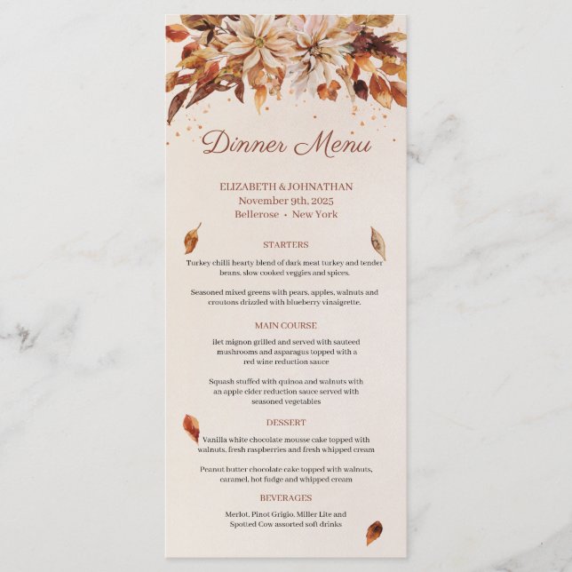 Menu Automne ou Automne Brûlé Orange Fleurs et Feuilles (Devant)