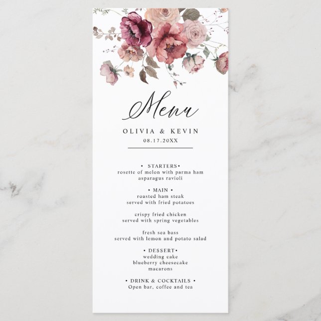 Menu Automne Terracotta Bourgogne Mariage Floral Terme (Devant)