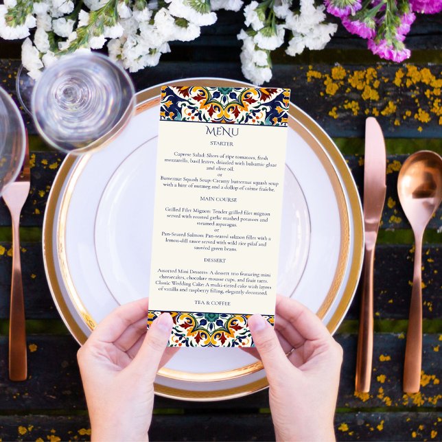 Menu Azulejo bleu tuiles portugaises thème méditerranée (Azulejo blue Portuguese Talavera tiles Mediterranean Morocco Turkish wedding theme Menu template)