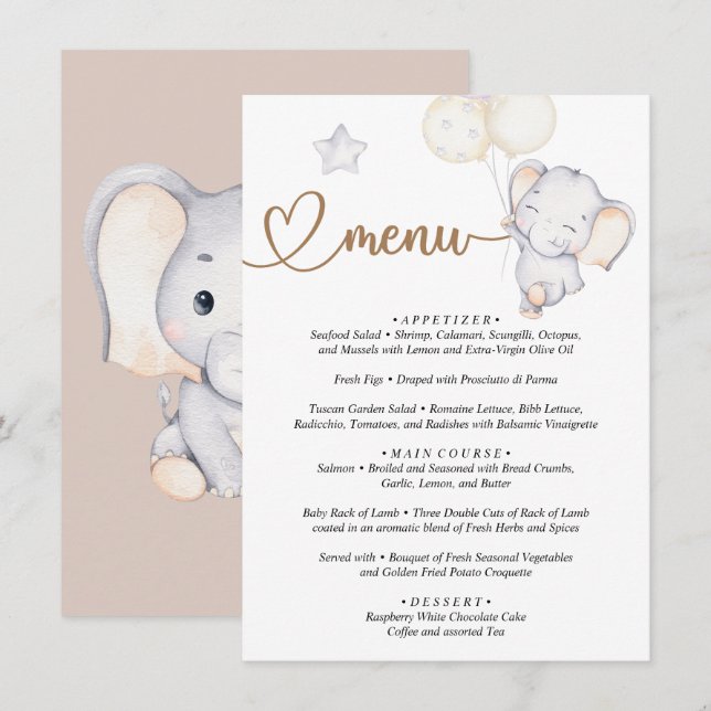 Menu Baby Elephant Baby Dusche Begleitkarte (Vorne/Hinten)