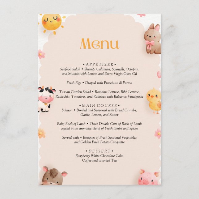Menu Baby shower Animaux de ferme (Devant)