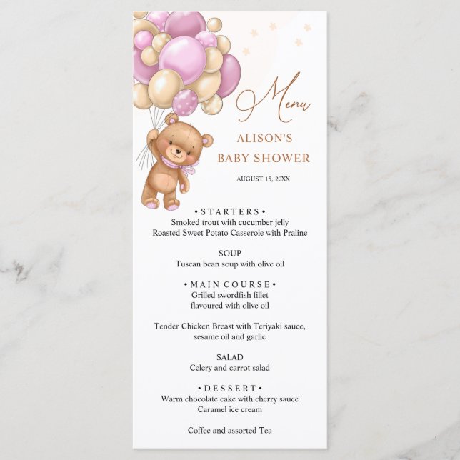 Menu Baby shower Bear Pink Ballots (Devant)