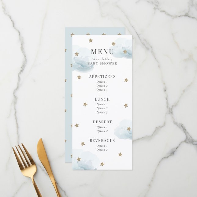 Menu Baby shower bleu Little Star Twinkle (Devant/Arrière en situation)