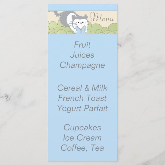 Menu baby shower "Blue Cat Library" (Devant)