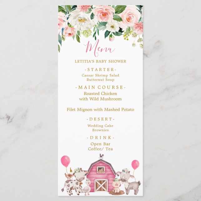 Menu Baby shower de ferme rose fille (Devant)