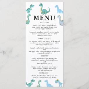 Menu Baby Shower Dinosaure Élégant Blanc