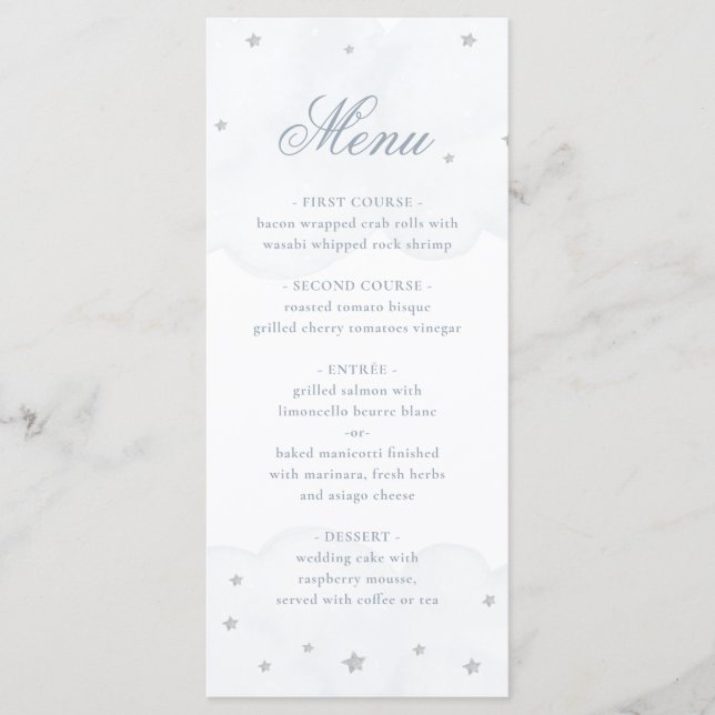 Menu Baby shower élégant Twinkle Little Star Blue Grey (Devant)