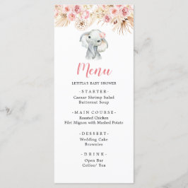 Menu Baby shower Fille Eléphante Boho Rose