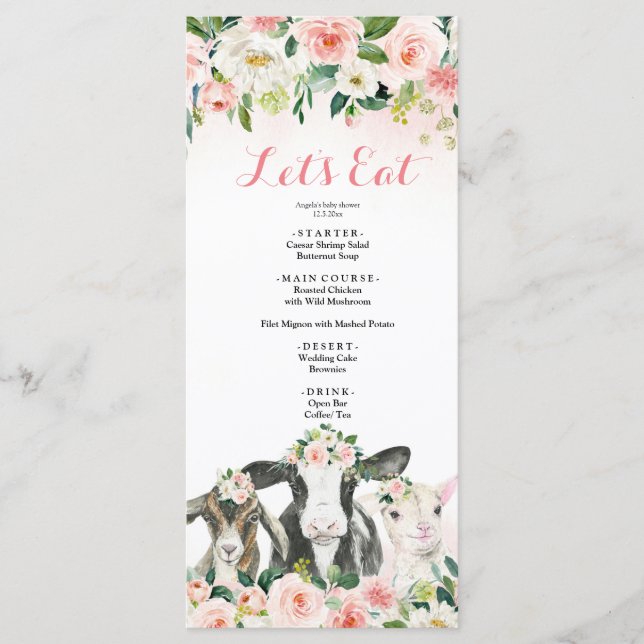 Menu Baby shower Fille Florale d'animal de ferme (Devant)