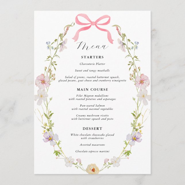 Menu Baby shower Fleur sauvage rose Bow (Devant)