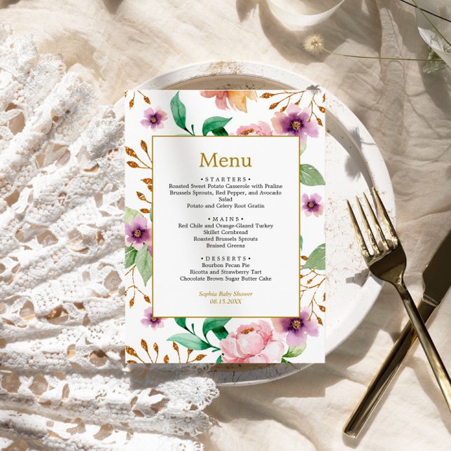 Menu Baby shower Fleurs Roses rose et violet (Créateur téléchargé)