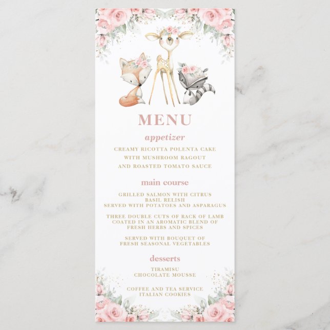 Menu Baby shower Floral Rose Rose Rose Rose Bois (Devant)