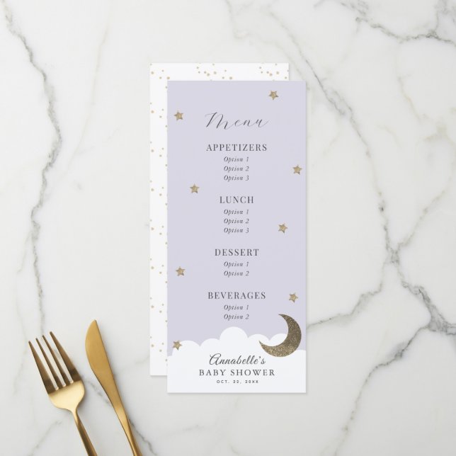 Menu Baby shower Lilac Twinkle Little Star Moon (Devant/Arrière en situation)