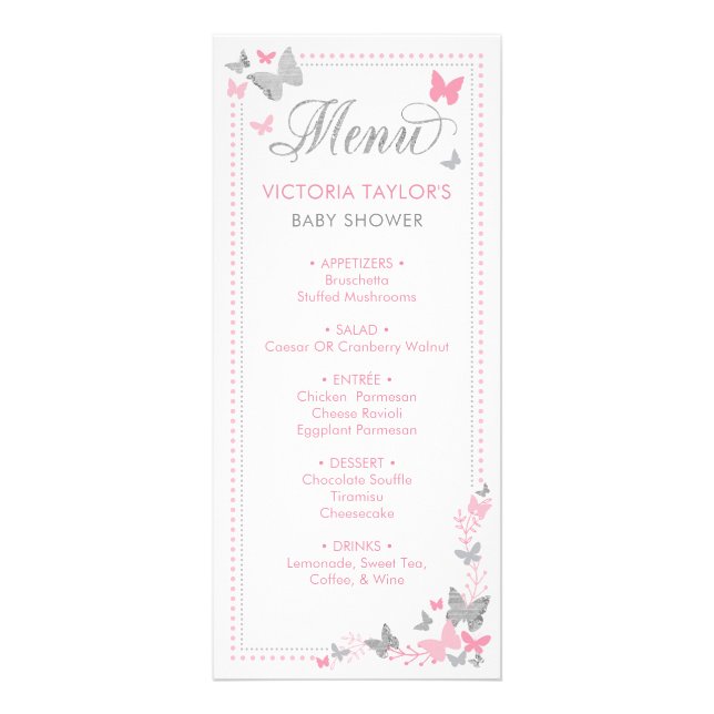 Menu baby shower, Papillons (Devant)