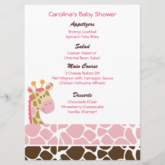 Menu Baby shower personnalisé Jungle Giraffe rose (Devant)