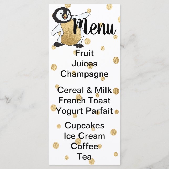 Menu baby shower "Pingouin pour bébé doré" (Devant)