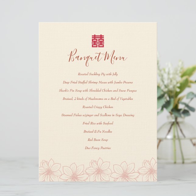Menu Banquet chinois mariage Boho rouge et beige (Debout devant)