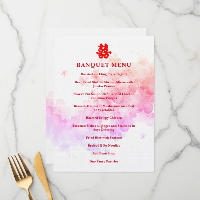 Menu Banquet de fleurs de cerisier mariage rouge (Devant/Arrière en situation)