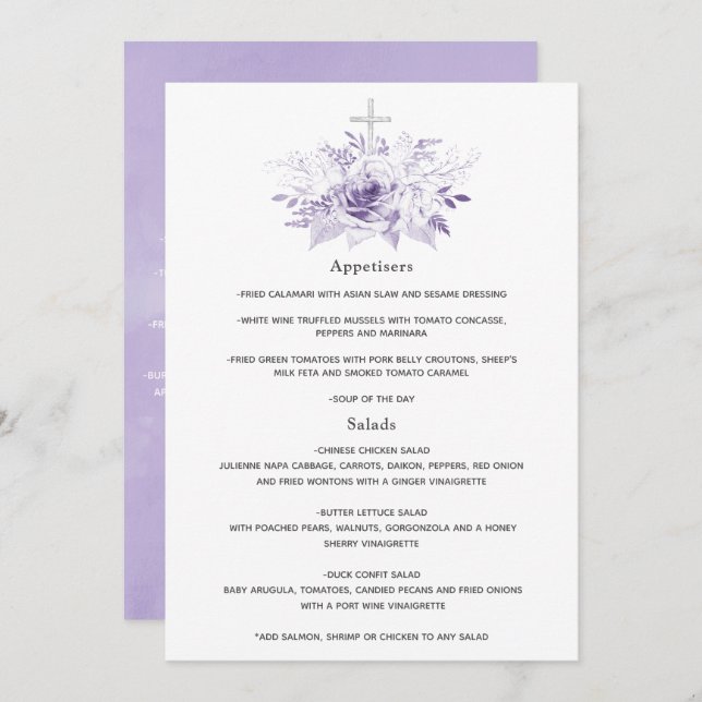 Menu Baptême ou baptême floral Lilac et Argent (Devant / Derrière)