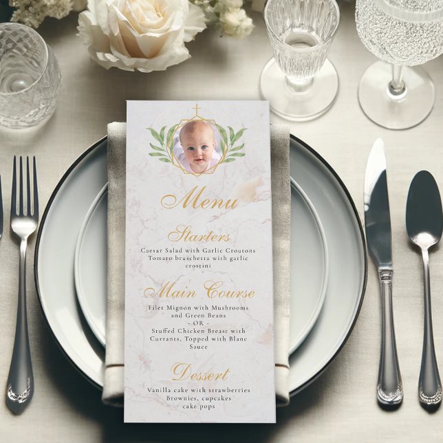 Menu Baptême Photo Botanique Marbre d'or Feuille Foliag (Créateur téléchargé)