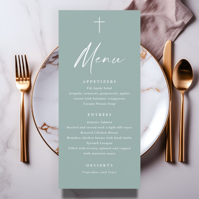 Menu Baptême vert Sage Script Moderne (Modern sage green script baptism menu.)