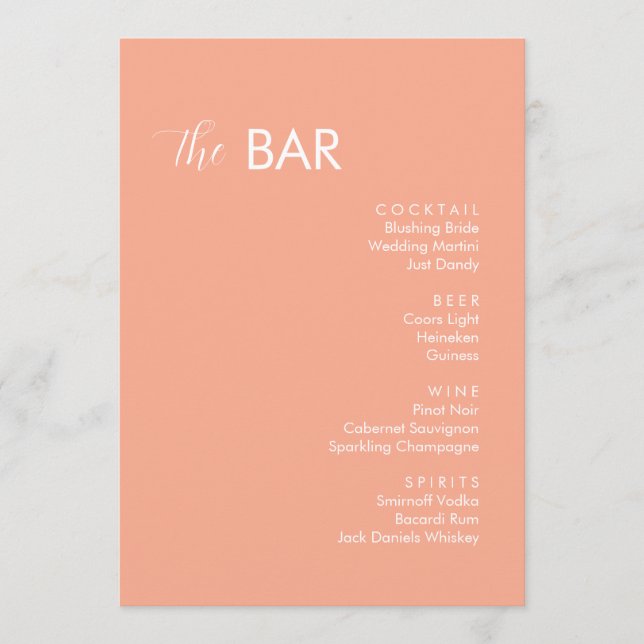 Menu Bar à boissons minimaliste Mariage Peach (Devant)
