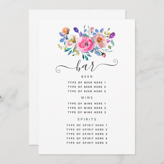 Menu Bar de mariage floral rose chaud (Devant / Derrière)