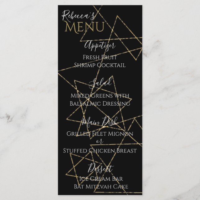 Menu Bat BM ou Bar Mitzvah Gold Stars (Devant)