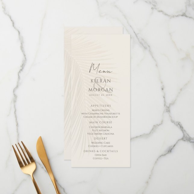 Menü "Beach Theme Palm Blätter" Menükarte (Vorderseite/Rückseite Beispiel)