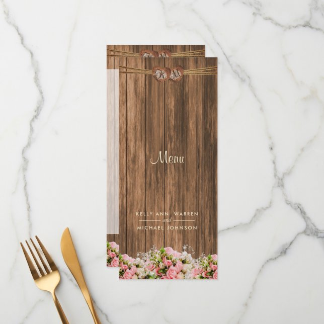 Menu Belles roses roses roses et blanches sur bois - Me (Devant/Arrière en situation)