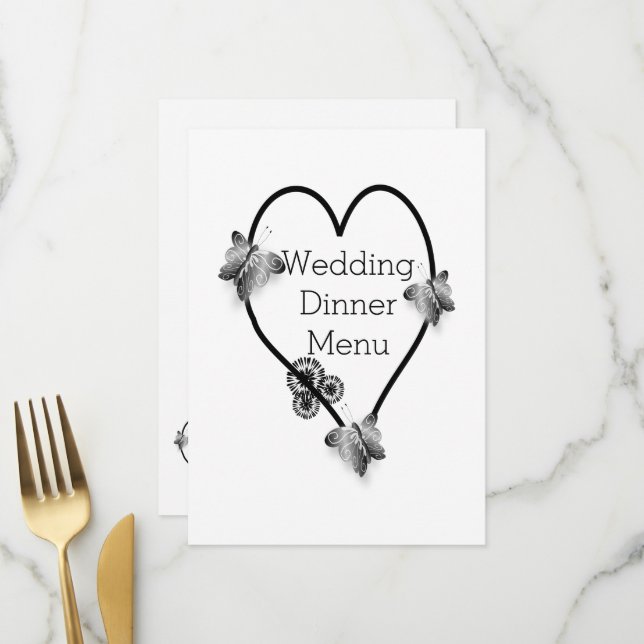 Menu Beurre Noir Et Blanc Coeur Mariage Dîner (Devant/Arrière en situation)